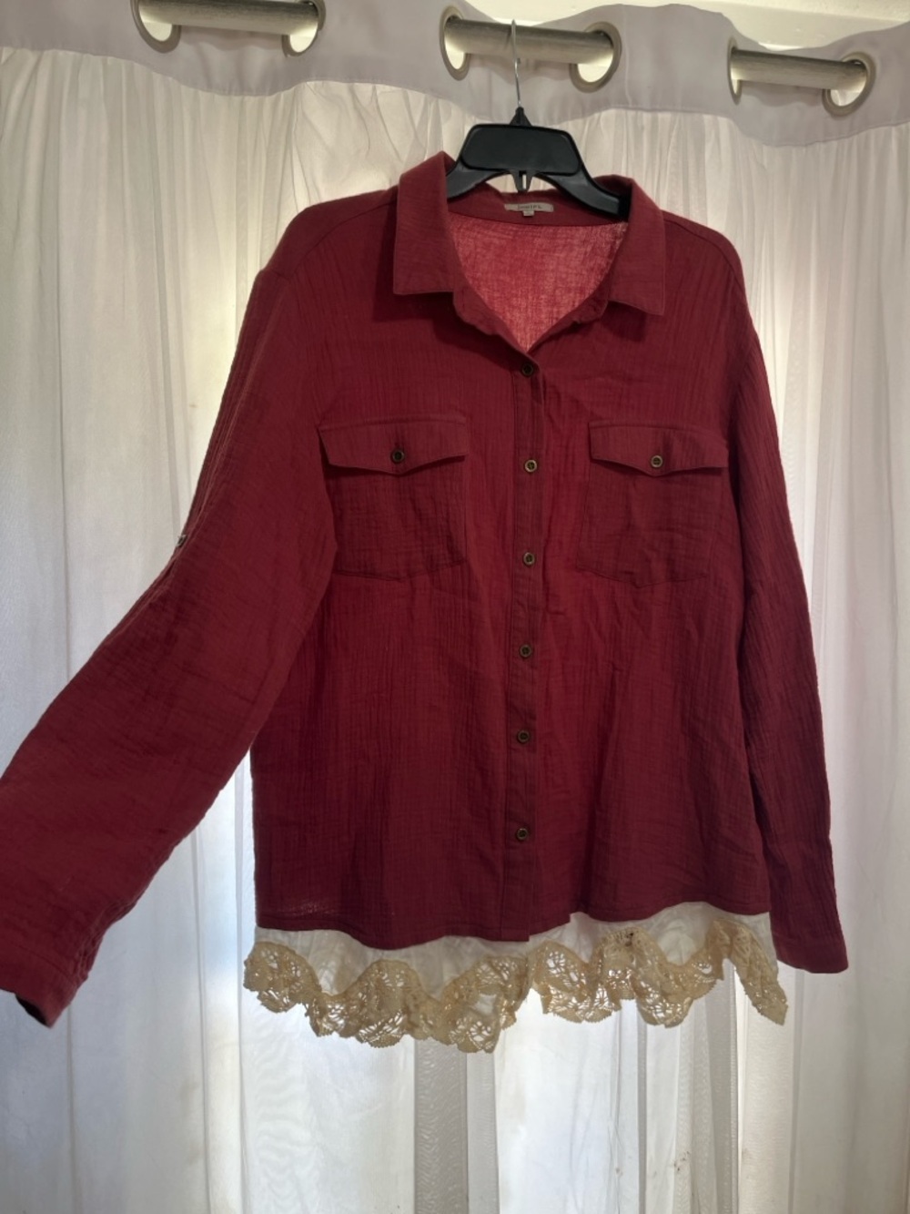 JODIFL size large red Button Shirt Lace cotton boho long roll sleeve cottage